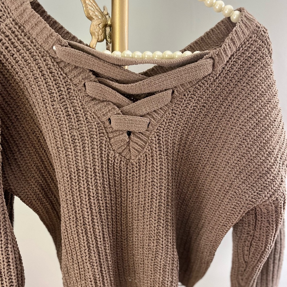 Brown V-Neck Distressed Sweater - Picture 2 of 2